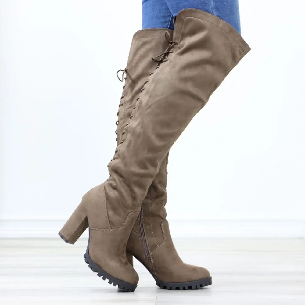 Full Lace-Up Back Taupe Faux Suede Thigh High Over The Knee Lug Block Heeled Boo - Picture 2 of 14